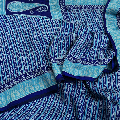Indian Vintage Saree Blue Pure Silk Printed Sari 5yd Craft Fabric Sewing Floral Soft Wrap Sarong Quilting Used Dress making Quilting Upcycle