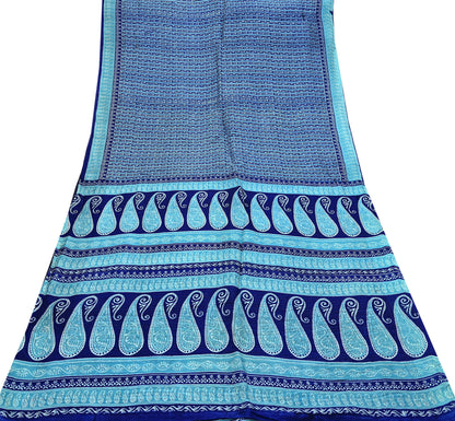 Indian Vintage Saree Blue Pure Silk Printed Sari 5yd Craft Fabric Sewing Floral Soft Wrap Sarong Quilting Used Dress making Quilting Upcycle