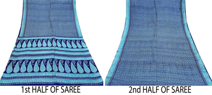 Indian Vintage Saree Blue Pure Silk Printed Sari 5yd Craft Fabric Sewing Floral Soft Wrap Sarong Quilting Used Dress making Quilting Upcycle