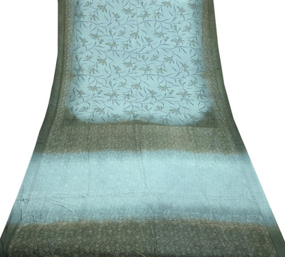 Indian Vintage Sari Green & Gray Pure Silk Woven Printed Sarees Craft Fabric 5yd Sewing Dress Making Floral Crafting Quilting Upcycle Used