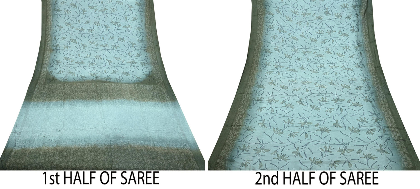 Indian Vintage Sari Green & Gray Pure Silk Woven Printed Sarees Craft Fabric 5yd Sewing Dress Making Floral Crafting Quilting Upcycle Used