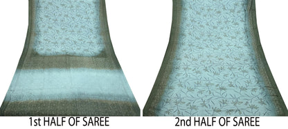 Indian Vintage Sari Green & Gray Pure Silk Woven Printed Sarees Craft Fabric 5yd Sewing Dress Making Floral Crafting Quilting Upcycle Used