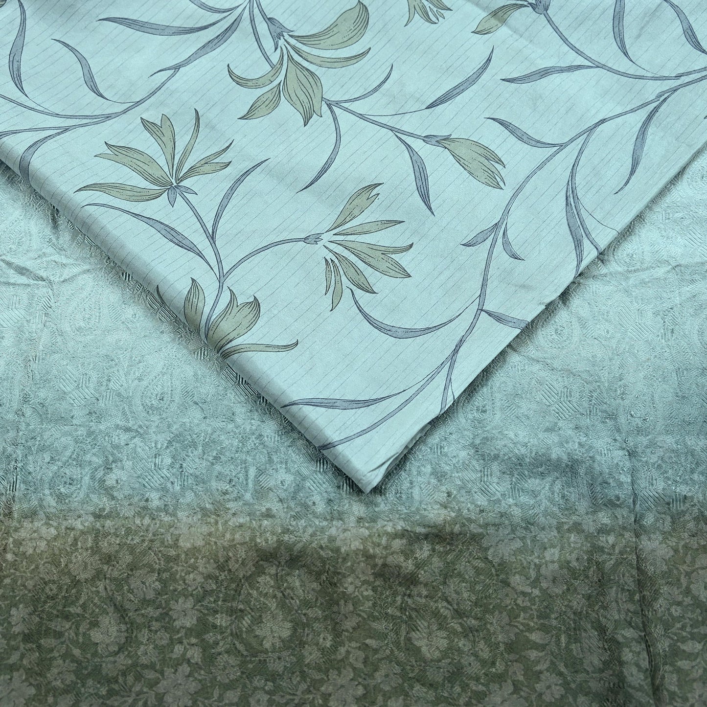 Indian Vintage Sari Green & Gray Pure Silk Woven Printed Sarees Craft Fabric 5yd Sewing Dress Making Floral Crafting Quilting Upcycle Used