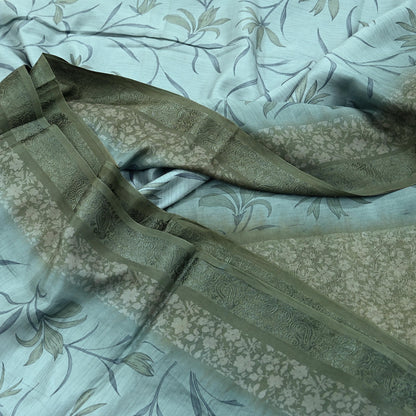 Indian Vintage Sari Green & Gray Pure Silk Woven Printed Sarees Craft Fabric 5yd Sewing Dress Making Floral Crafting Quilting Upcycle Used