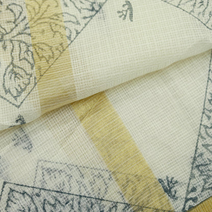Indian Vintage Dupatta White Long Stole Hand Woven Chanderi Scarf Veil Soft Floral Zari Fringes