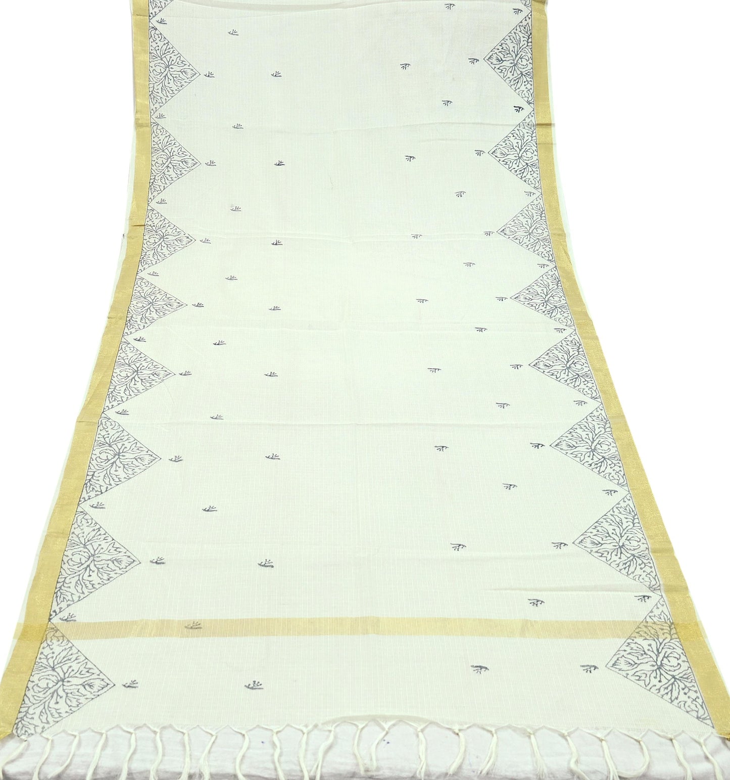 Indian Vintage Dupatta White Long Stole Hand Woven Chanderi Scarf Veil Soft Floral Zari Fringes