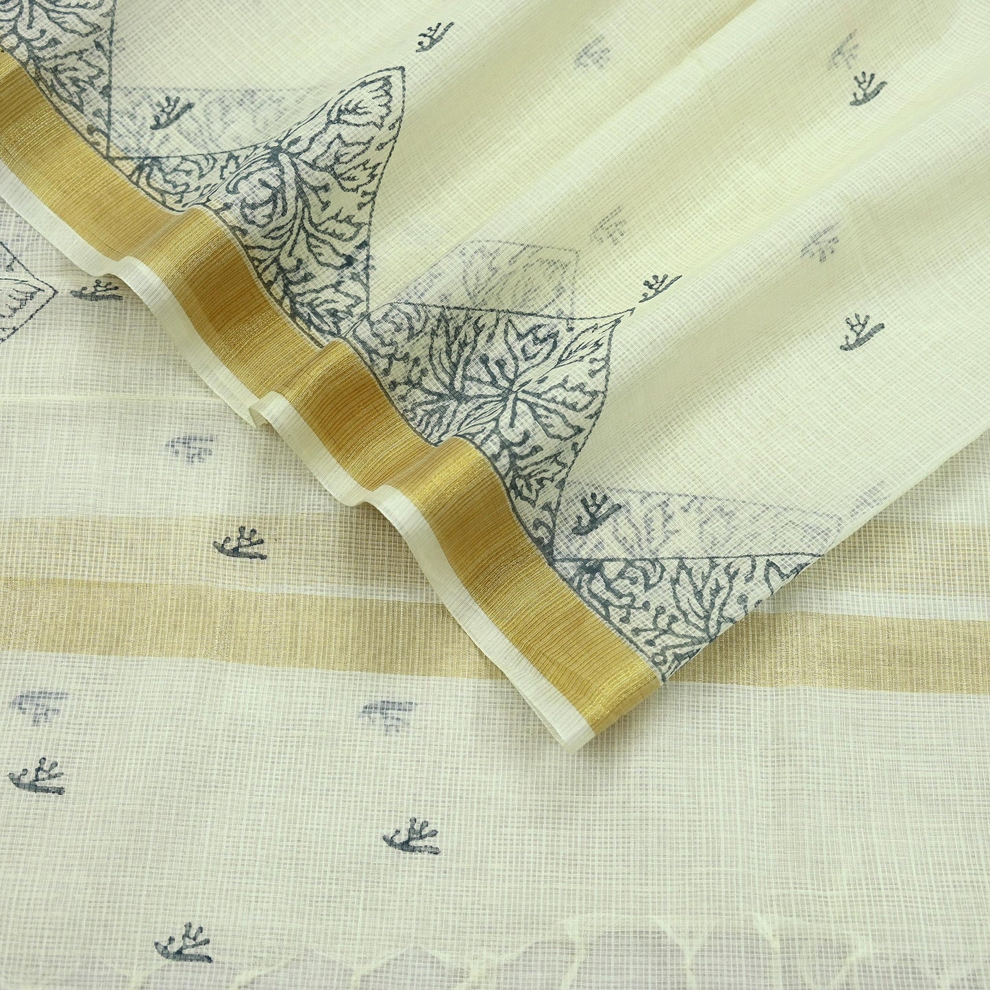 Indian Vintage Dupatta White Long Stole Hand Woven Chanderi Scarf Veil Soft Floral Zari Fringes