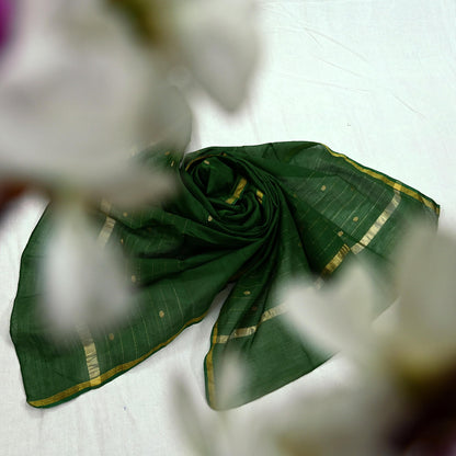 Indian Vintage Dupatta Green Long Stole Printed Woven Pure Chanderi Cotton Scarves Veil Golden Zari Soft Stripes Design