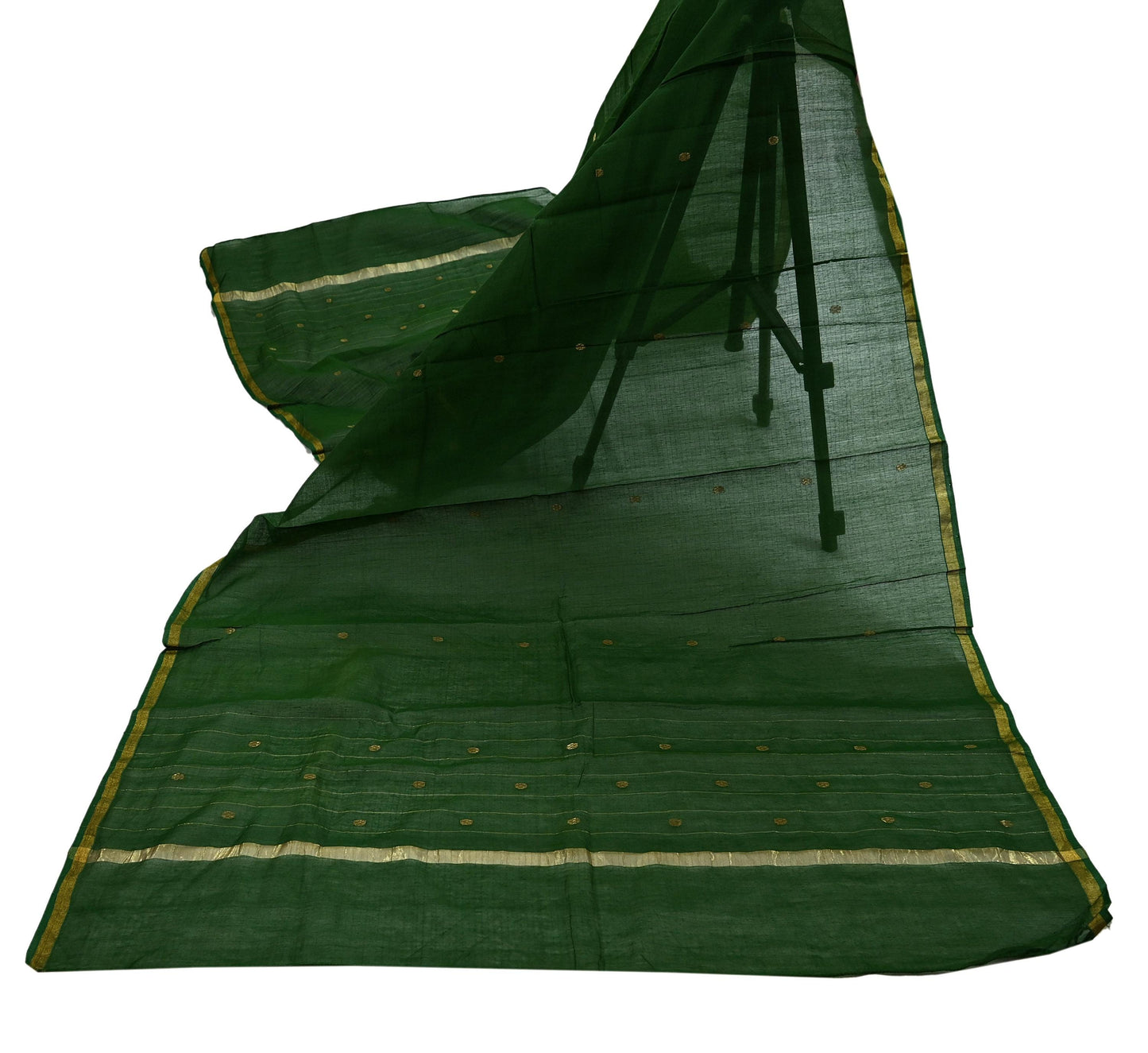 Indian Vintage Dupatta Green Long Stole Printed Woven Pure Chanderi Cotton Scarves Veil Golden Zari Soft Stripes Design