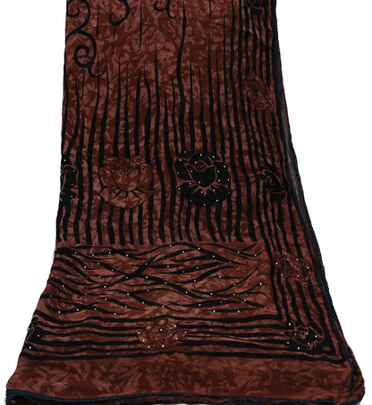 Indian Vintage Dupatta Brown Long Stole Hand Beaded Printed Pure Georgette Silk Scarves Veil Wrap Soft Floral