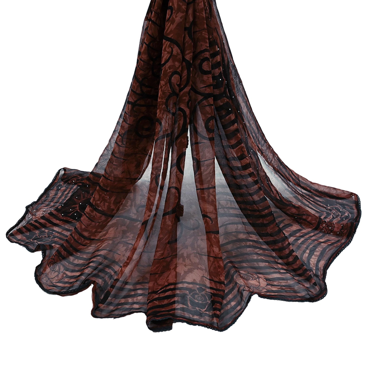 Indian Vintage Dupatta Brown Long Stole Hand Beaded Printed Pure Georgette Silk Scarves Veil Wrap Soft Floral