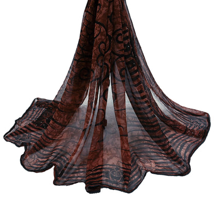 Indian Vintage Dupatta Brown Long Stole Hand Beaded Printed Pure Georgette Silk Scarves Veil Wrap Soft Floral