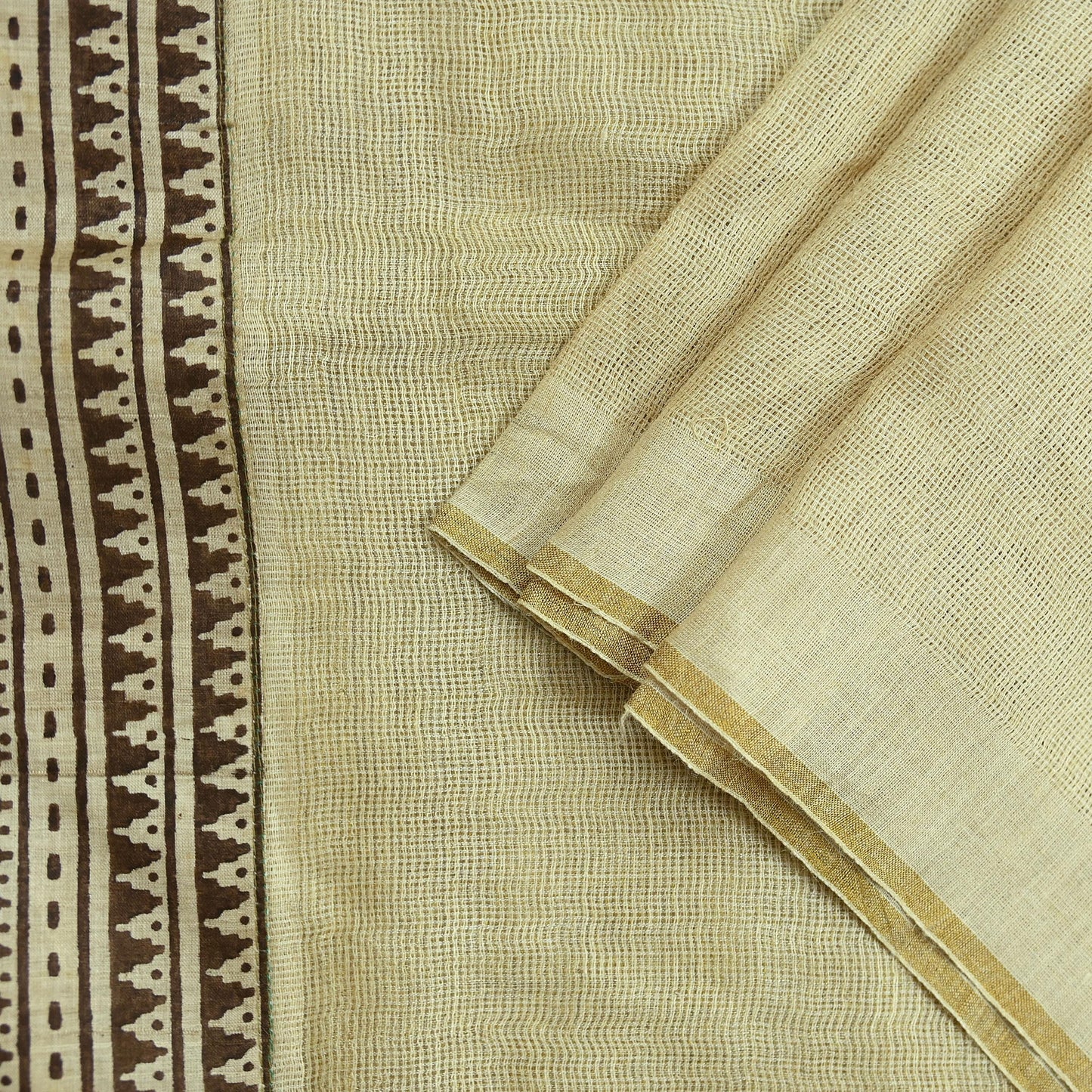 Indian Vintage Beige Dupatta Long Stole Block Print Pure Chanderi Silk Scarves Veil Floral Design Upcycle Party wear hijab Zari Border