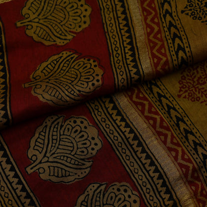 Indian Vintage Maroon Dupatta Long Stole Block Print Pure Chanderi Silk Scarves Veil Floral Design Upcycle Party wear hijab Zari Border