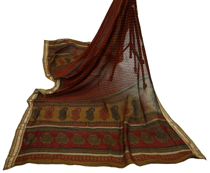 Indian Vintage Maroon Dupatta Long Stole Block Print Pure Chanderi Silk Scarves Veil Floral Design Upcycle Party wear hijab Zari Border