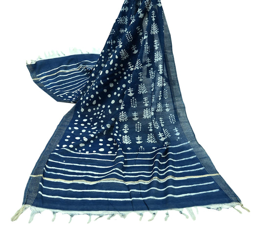 Indian Vintage Green Dupatta Long Stole Hand Block Print Pure Chanderi Silk Scarves Veil Golden Zari
