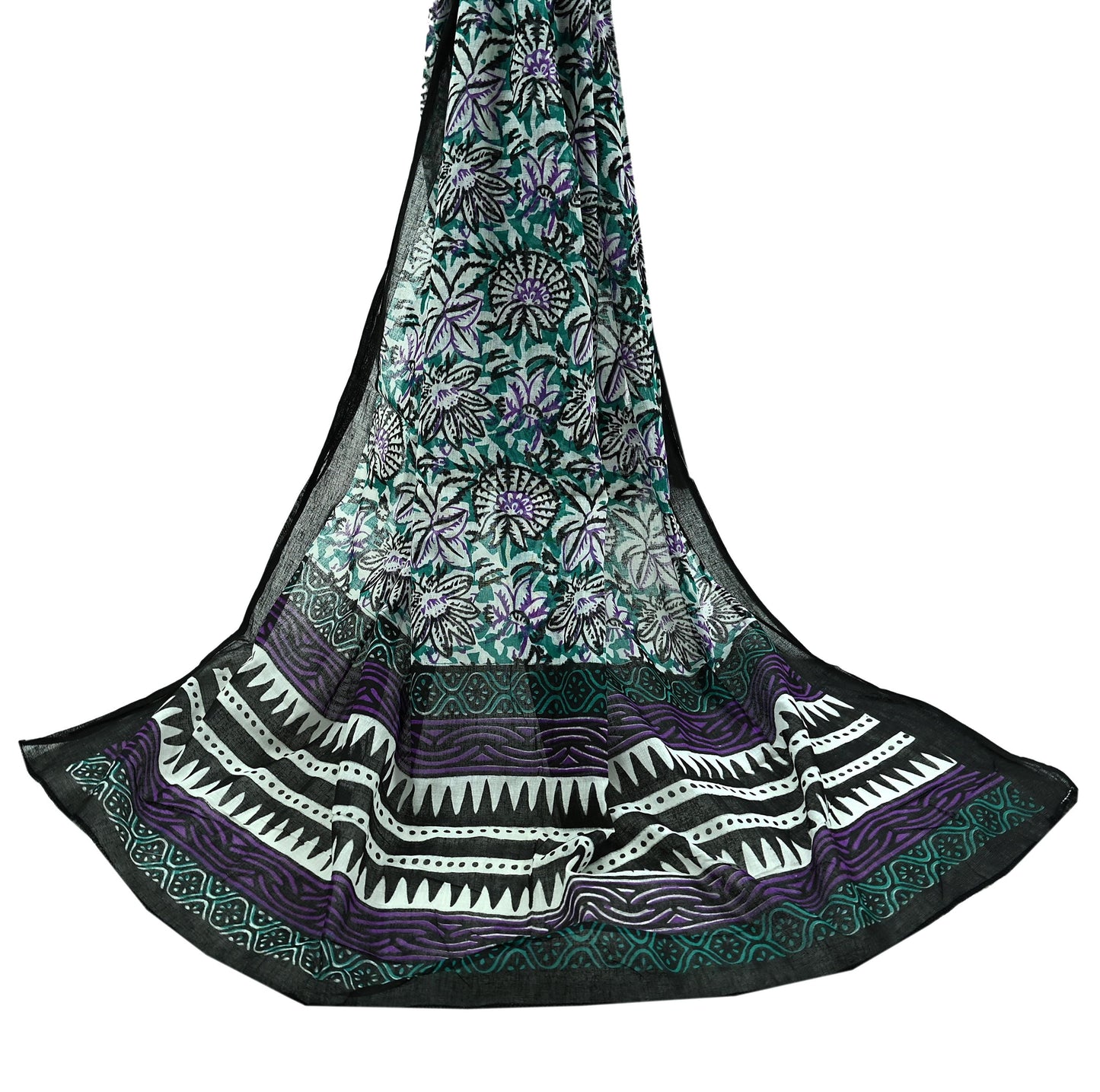 Indian Vintage Dupatta Black & Green Long Stole Block Print Pure Cotton Scarves Scarf Veil Wrap Boho Soft Floral Design