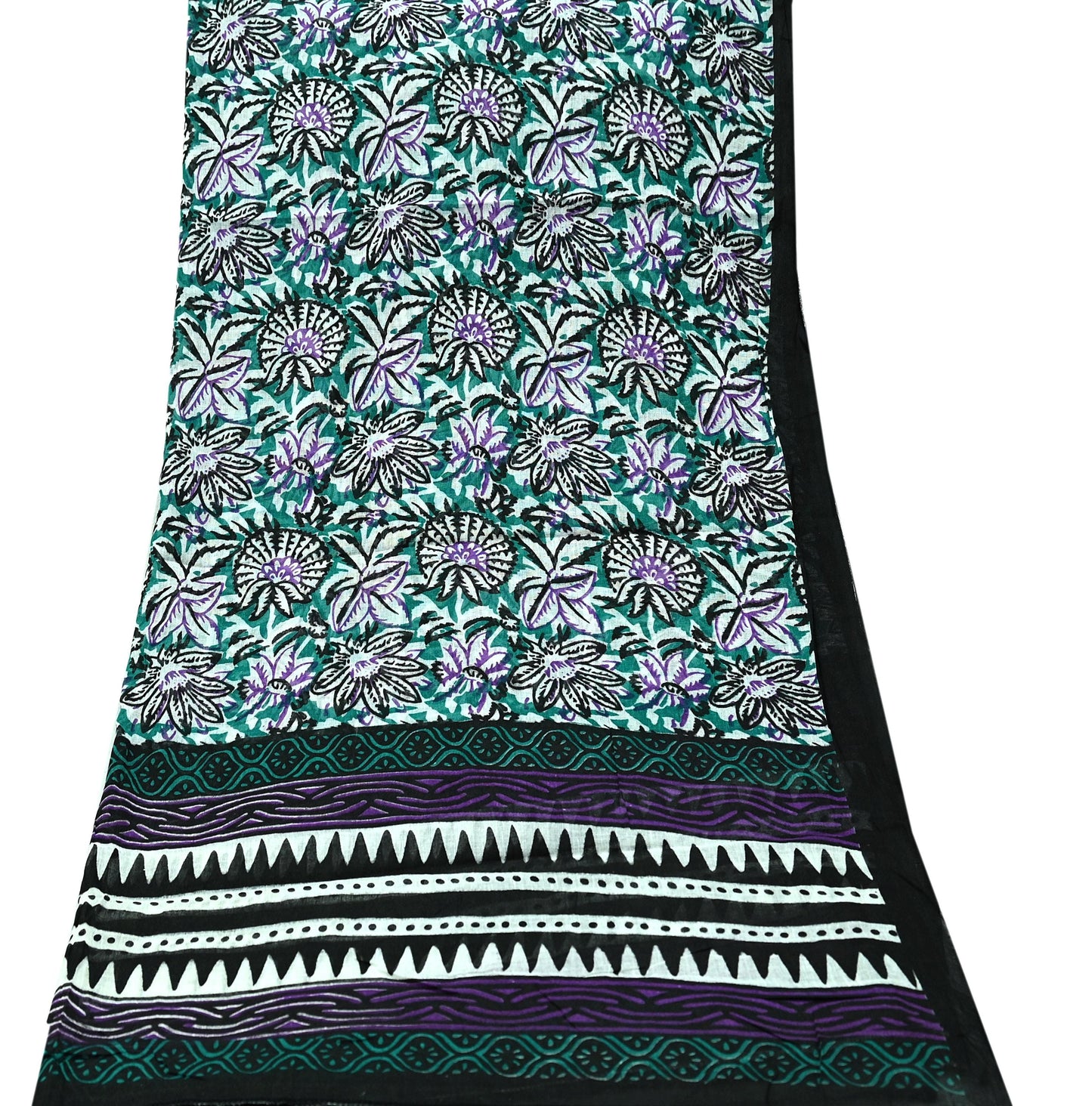 Indian Vintage Dupatta Black & Green Long Stole Block Print Pure Cotton Scarves Scarf Veil Wrap Boho Soft Floral Design