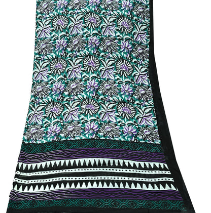 Indian Vintage Dupatta Black & Green Long Stole Block Print Pure Cotton Scarves Scarf Veil Wrap Boho Soft Floral Design