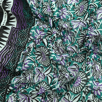 Indian Vintage Dupatta Black & Green Long Stole Block Print Pure Cotton Scarves Scarf Veil Wrap Boho Soft Floral Design