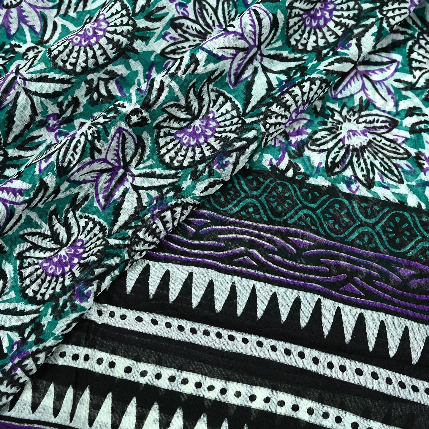 Indian Vintage Dupatta Black & Green Long Stole Block Print Pure Cotton Scarves Scarf Veil Wrap Boho Soft Floral Design