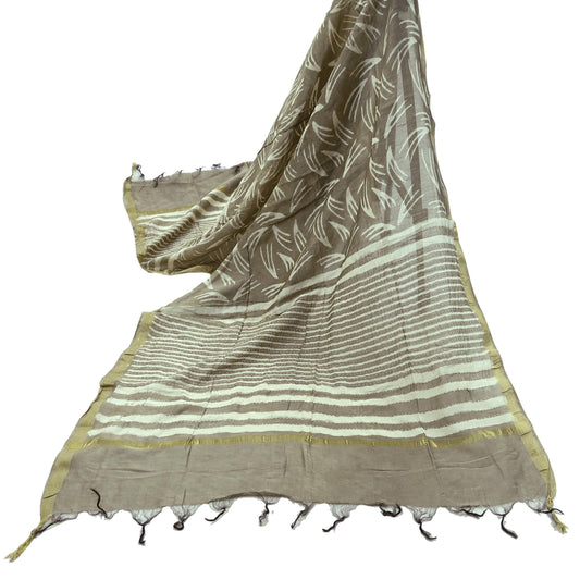 Indian Vintage Brown Dupatta Long Stole Block Print Pure Chanderi Silk Scarves Veil Floral Design Upcycle Party wear hijab Zari Border
