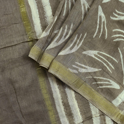 Indian Vintage Brown Dupatta Long Stole Block Print Pure Chanderi Silk Scarves Veil Floral Design Upcycle Party wear hijab Zari Border
