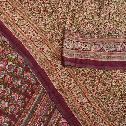 Indian Vintage Sari Brown 100% Pure Cotton Printed Sarees 5Yd Craft Fabric Sewing Soft Sarong Wrap Boho Quilting Upcycle Dress Making Used
