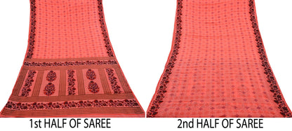 Indian Vintage Sari Peach Printed 100% Pure Cotton Sarees Craft Fabric Soft 5Yd Sewing Sarong Wrap Boho Floral Quilting Crafting