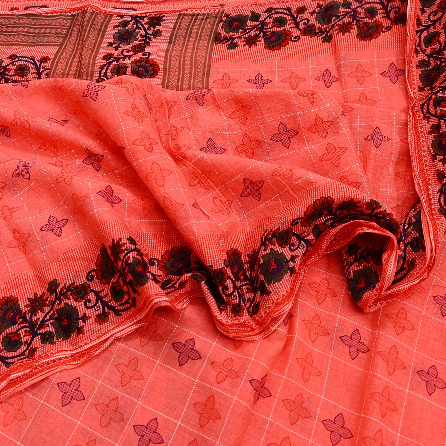 Indian Vintage Sari Peach Printed 100% Pure Cotton Sarees Craft Fabric Soft 5Yd Sewing Sarong Wrap Boho Floral Quilting Crafting
