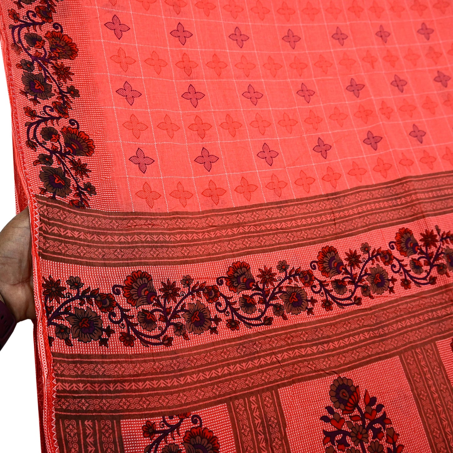 Indian Vintage Sari Peach Printed 100% Pure Cotton Sarees Craft Fabric Soft 5Yd Sewing Sarong Wrap Boho Floral Quilting Crafting