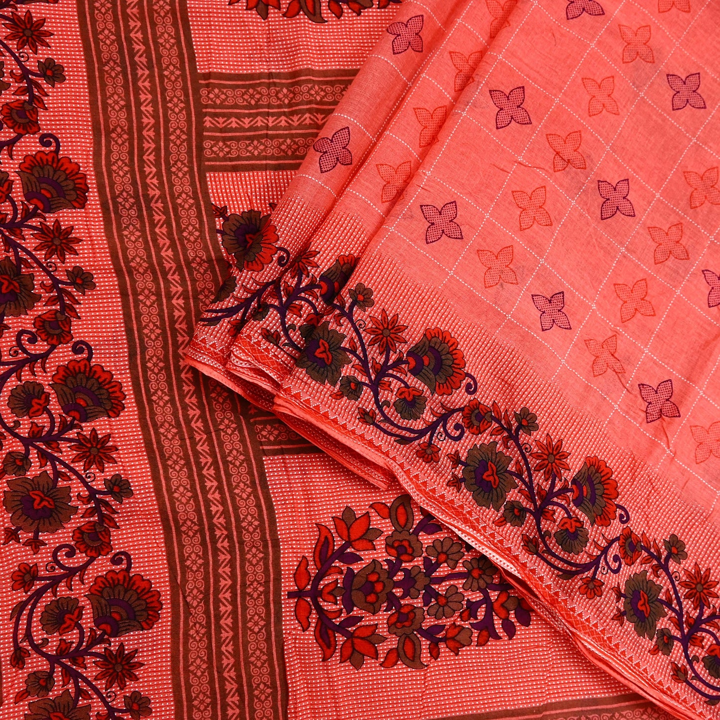 Indian Vintage Sari Peach Printed 100% Pure Cotton Sarees Craft Fabric Soft 5Yd Sewing Sarong Wrap Boho Floral Quilting Crafting