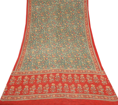 Women Vintage Sari Red & Green 100% Pure Georgette Silk Printed Saree Craft Fabric Sewing 5Yard Soft Sari Dress Making