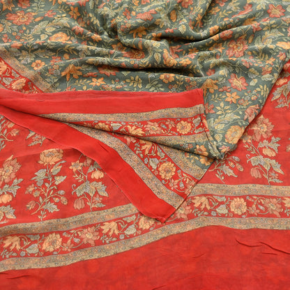 Women Vintage Sari Red & Green 100% Pure Georgette Silk Printed Saree Craft Fabric Sewing 5Yard Soft Sari Dress Making