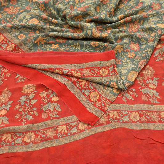 Women Vintage Sari Red & Green 100% Pure Georgette Silk Printed Saree Craft Fabric Sewing 5Yard Soft Sari Dress Making