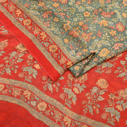 Women Vintage Sari Red & Green 100% Pure Georgette Silk Printed Saree Craft Fabric Sewing 5Yard Soft Sari Dress Making