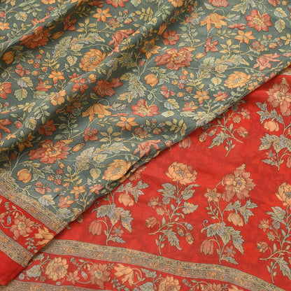 Women Vintage Sari Red & Green 100% Pure Georgette Silk Printed Saree Craft Fabric Sewing 5Yard Soft Sari Dress Making