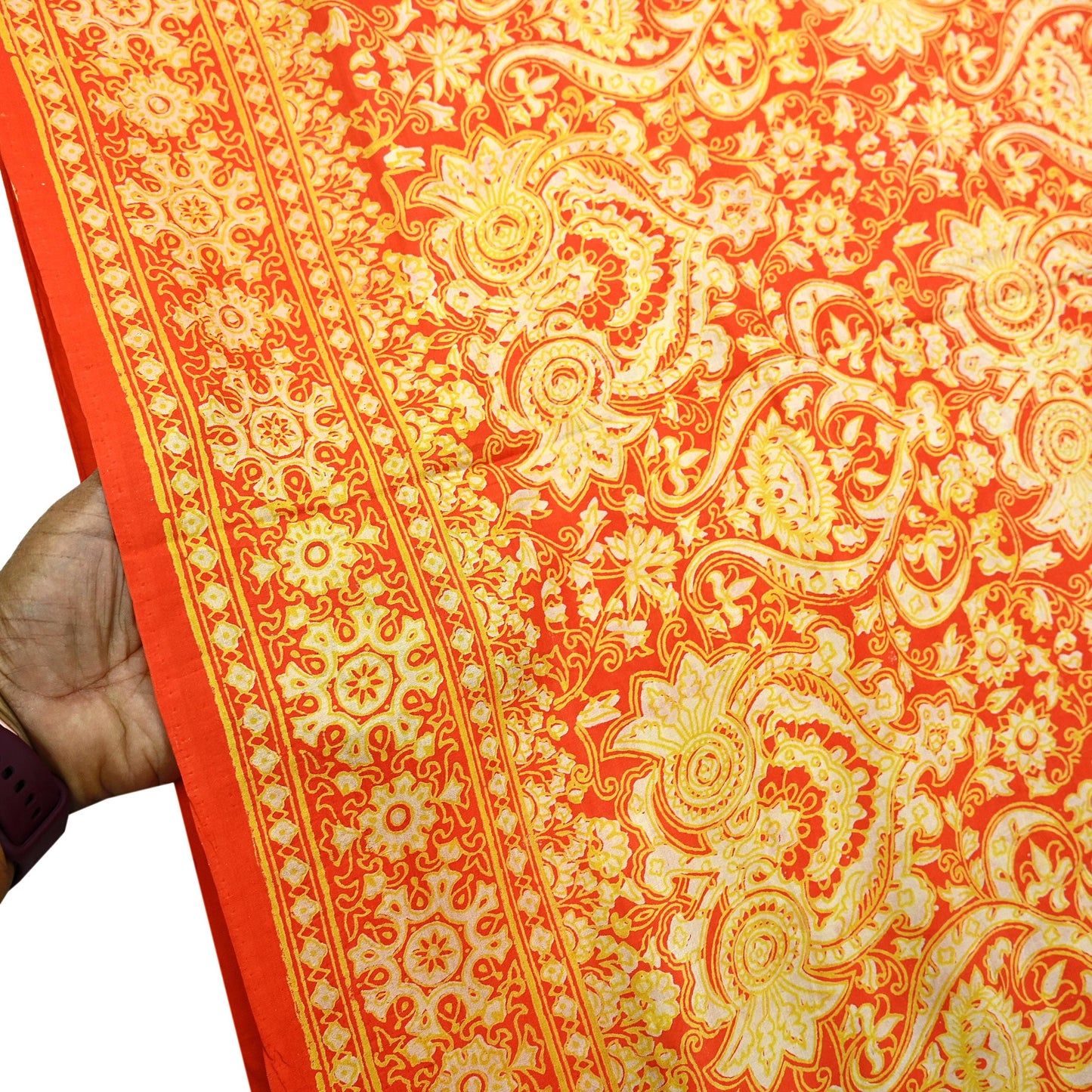 Indian Vintage Sari Orange 100% Pure Silk Block Printed Saree Fabric 5yd Sewing Craft Fabric DressMaking Soft Wrap For Crafting Quilting