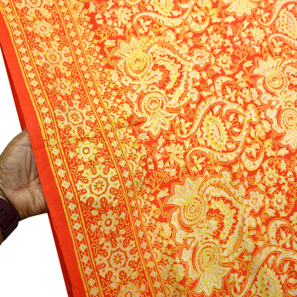 Indian Vintage Sari Orange 100% Pure Silk Block Printed Saree Fabric 5yd Sewing Craft Fabric DressMaking Soft Wrap For Crafting Quilting