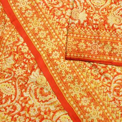 Indian Vintage Sari Orange 100% Pure Silk Block Printed Saree Fabric 5yd Sewing Craft Fabric DressMaking Soft Wrap For Crafting Quilting