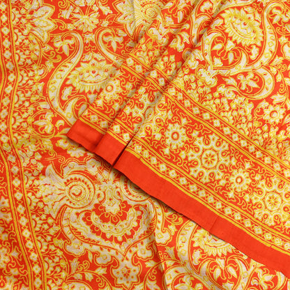 Indian Vintage Sari Orange 100% Pure Silk Block Printed Saree Fabric 5yd Sewing Craft Fabric DressMaking Soft Wrap For Crafting Quilting