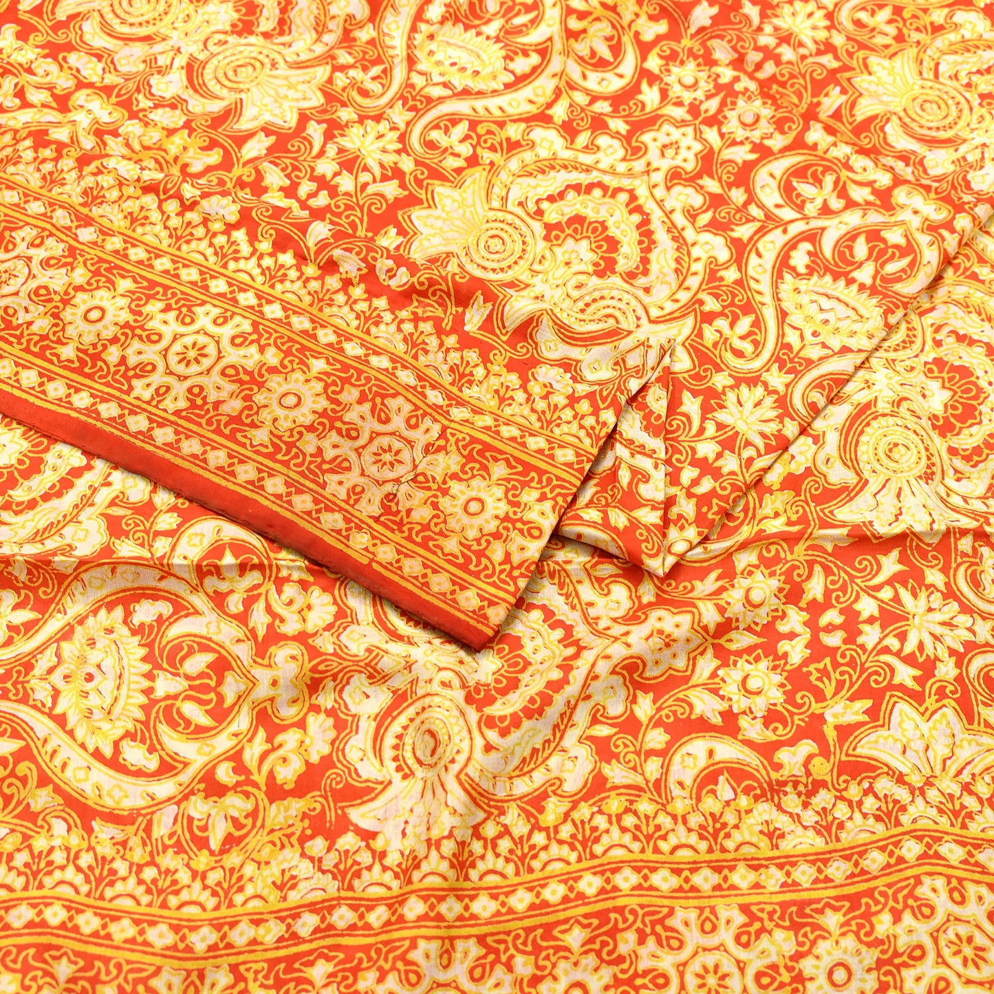 Indian Vintage Sari Orange 100% Pure Silk Block Printed Saree Fabric 5yd Sewing Craft Fabric DressMaking Soft Wrap For Crafting Quilting