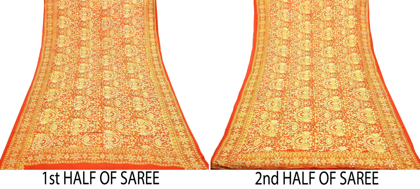 Indian Vintage Sari Orange 100% Pure Silk Block Printed Saree Fabric 5yd Sewing Craft Fabric DressMaking Soft Wrap For Crafting Quilting
