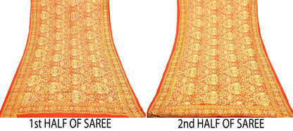 Indian Vintage Sari Orange 100% Pure Silk Block Printed Saree Fabric 5yd Sewing Craft Fabric DressMaking Soft Wrap For Crafting Quilting