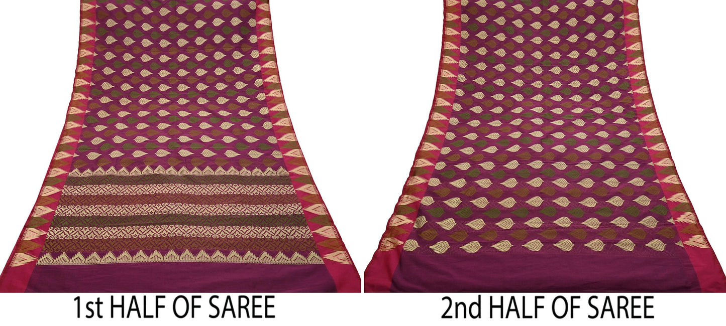 Indian Vintage Sari Purple 100% Pure Silk Hand Woven Sarees Craft Fabric 5Yd Ethnic Sewing Dress making Crafting Quilting Upcycle