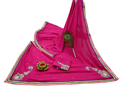 Indian Vintage Heavy Sarees Rani Pink Pure Georgette Silk Hand Embroidered Sari Fabric 5Yd Sewing Ethnic Zardozi/dabka zari With Blouse Pcs