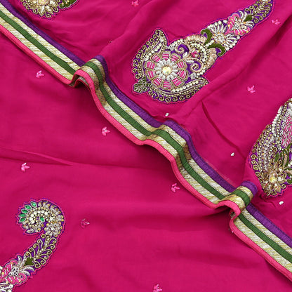 Indian Vintage Heavy Sarees Rani Pink Pure Georgette Silk Hand Embroidered Sari Fabric 5Yd Sewing Ethnic Zardozi/dabka zari With Blouse Pcs