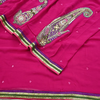 Indian Vintage Heavy Sarees Rani Pink Pure Georgette Silk Hand Embroidered Sari Fabric 5Yd Sewing Ethnic Zardozi/dabka zari With Blouse Pcs