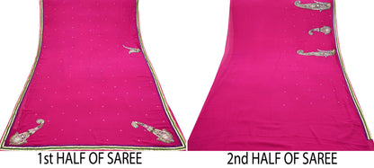 Indian Vintage Heavy Sarees Rani Pink Pure Georgette Silk Hand Embroidered Sari Fabric 5Yd Sewing Ethnic Zardozi/dabka zari With Blouse Pcs