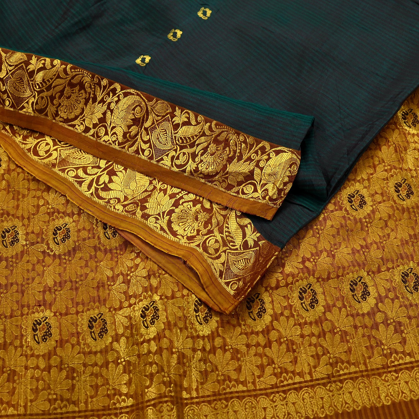 Indian Vintage Heavy Sari Green & Saffron Kanjivaram Saree 100% Pure Silk Zari 5Yd Crafting Dress making For Crafting Quilting Upcycle